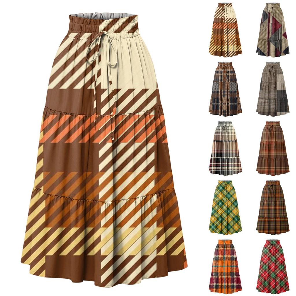 Ladies' Plaid Printed Casual Elastic Waist Drawstring Skirt