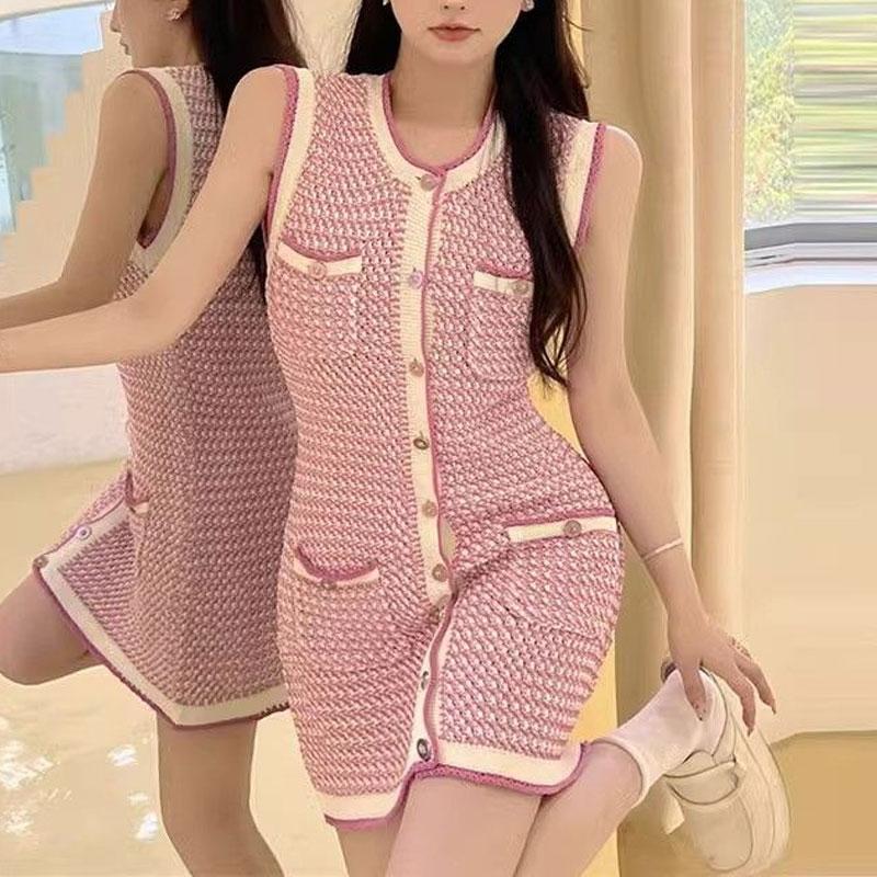 French Retro Light Luxury Socialite Temperament Small Fragrance Style Dress for Women Slim Knitted Ice Silk Hip Vest Skirt