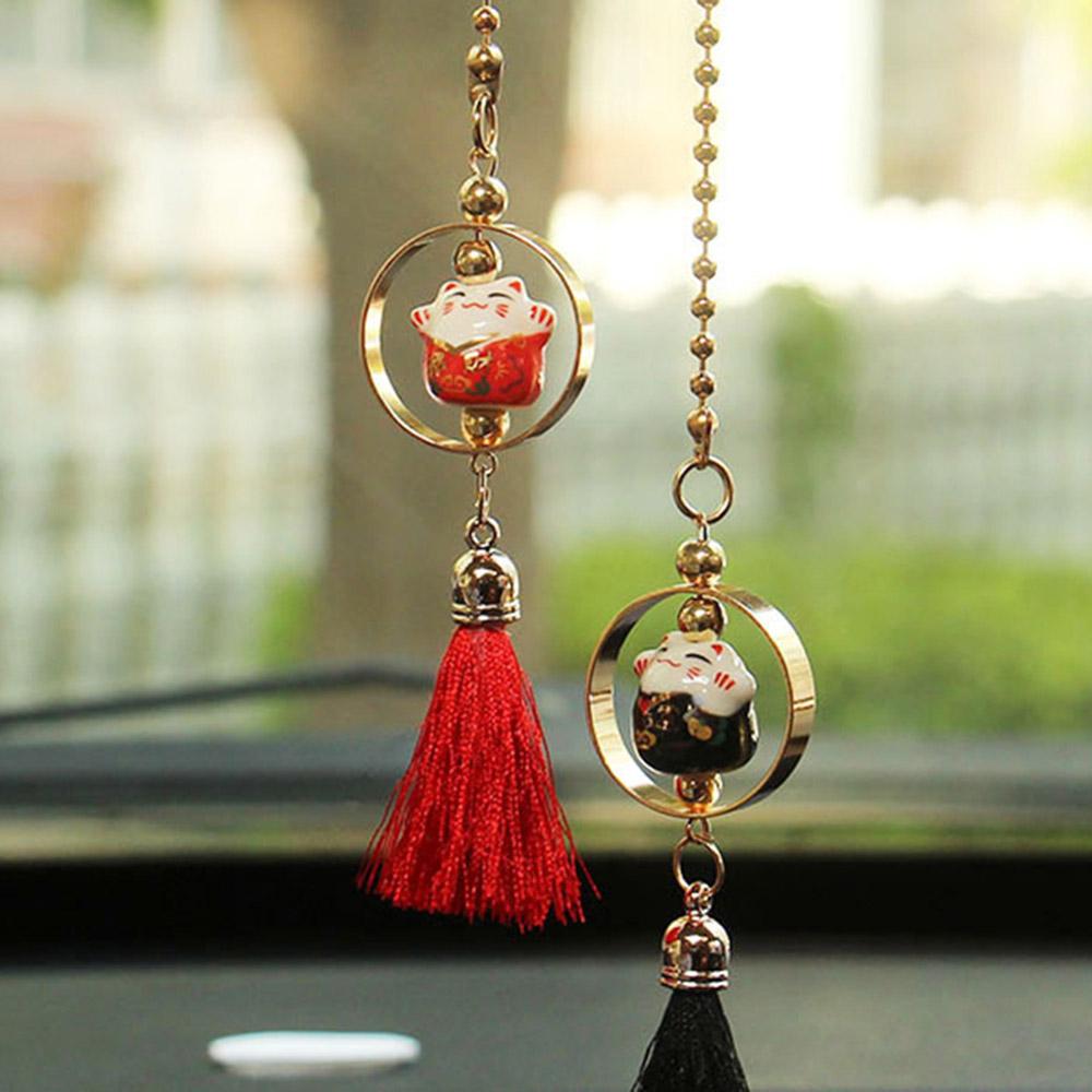 2Pcs Car Pendant Smiling Lucky Cartoon Cat  Decoration Auto Interior Rear view Mirror Fur tassels Hanging Ornament Accessories