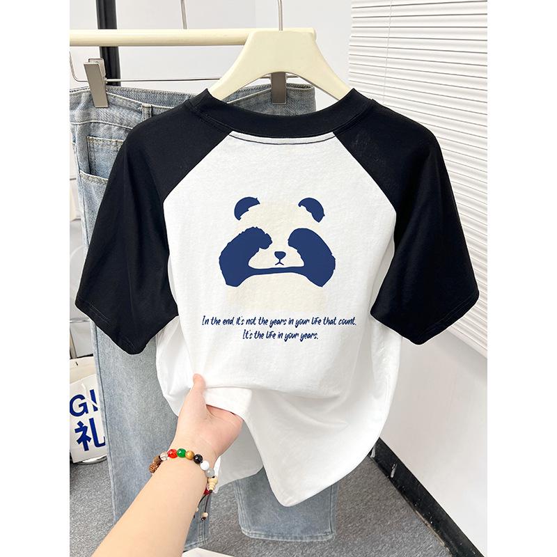 

Женская футболка реглан из чистого хлопка с коротким рукавом и принтом мультяшной панды, 2024 XL