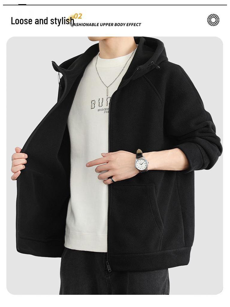 Męska jesienno-zimowa kurtka z kapturem z dwustronnego polaru