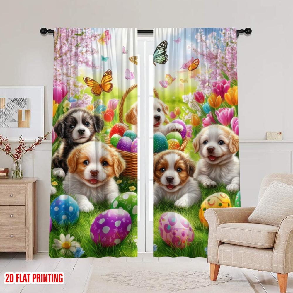 2pcs,2D Plane Printing Popular Curtains Spring Pups Picnic Durable Polyester (without Rod) Decorations Outdoor for Bedroom