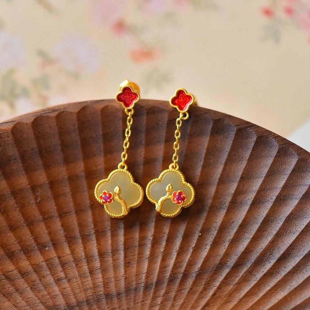 Women Jewelry Set Clover Earrings Necklace Bracelet Ring Vintage Enamel Painted Hanfu Accessories Imitation Hetian Jade