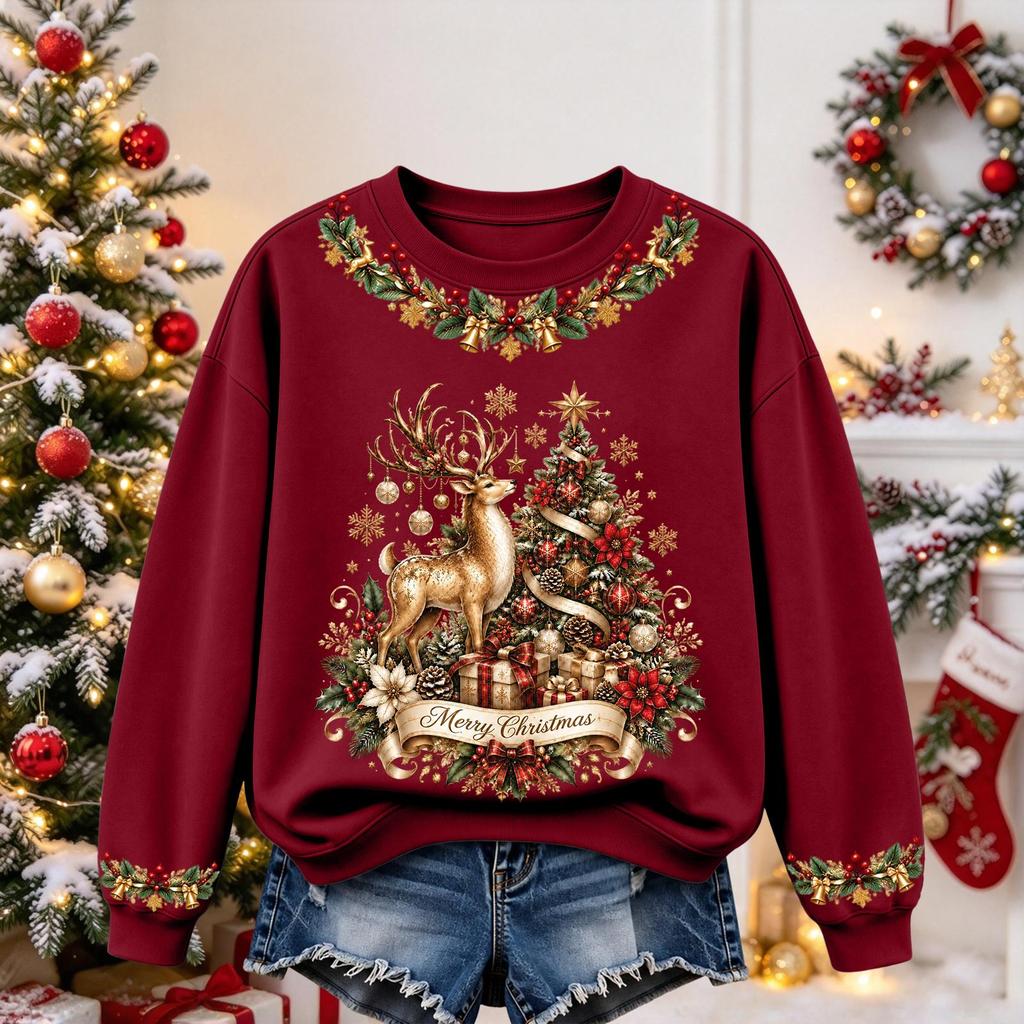Women's Christmas Print Long Sleeve Top Casual Comfortable Fall Winter Shirt