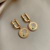 K real gold electroplated zircon round printing pendant ear buckle retro temperament earrings light luxury high-end earrings women