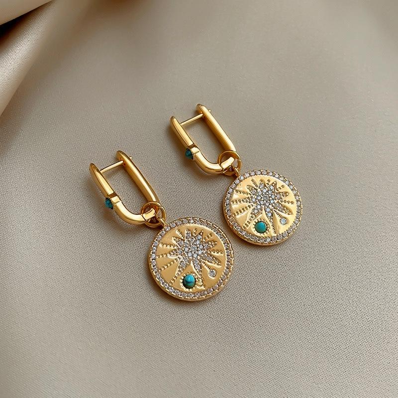 

K real gold electroplated zircon round printing pendant ear buckle retro temperament earrings light luxury high-end earrings women