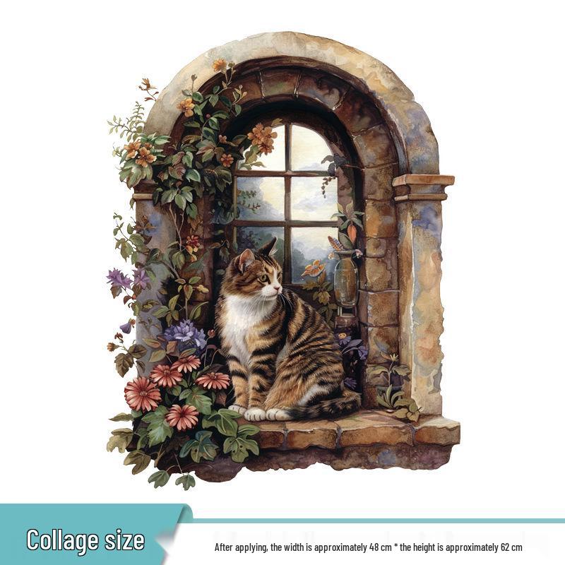 Forest-style Bedroom Sofa Wall Stickers: Window, Plants, Flowers, Cat Mural Decoration