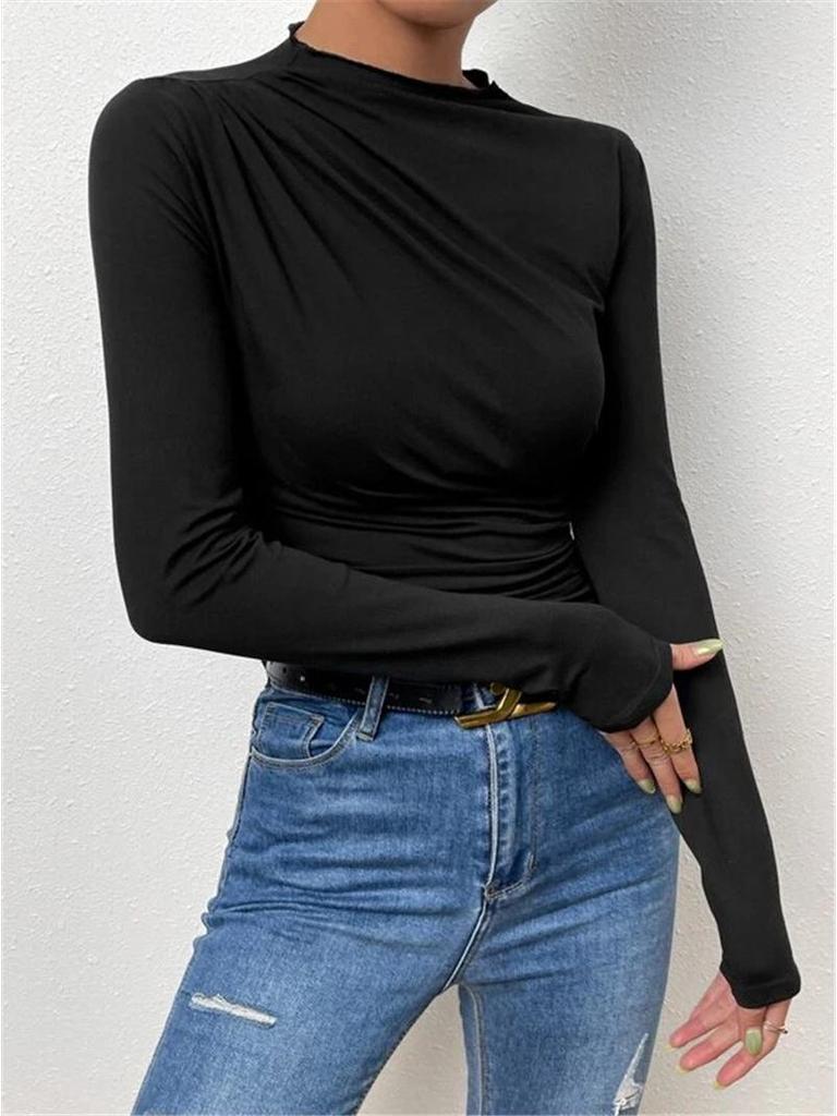 2024 High Neck Solid Color Slim-Fit Women's Long Sleeve Ruched T-Shirt