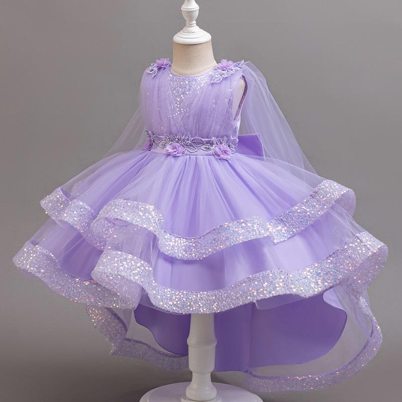 Pink Blue Purple Champagne Kids Sequined Tulle Princess Hi-Lo Dress