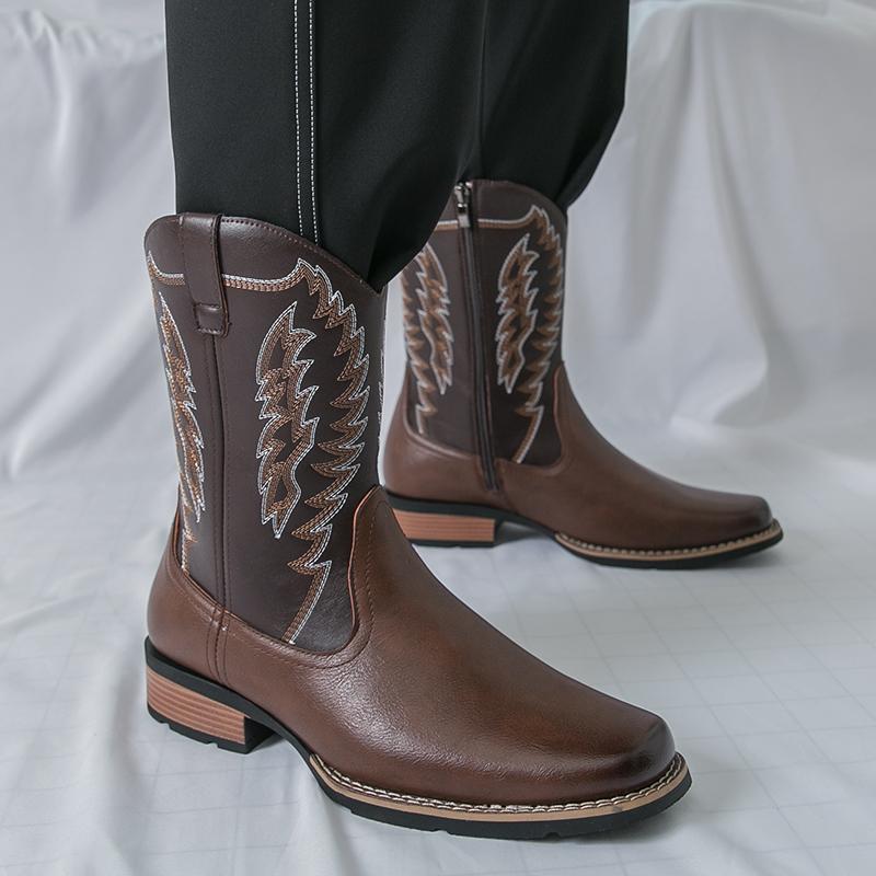 Designer Men's Retro Western Cowboy Boots Mens Fashion Patchwork Embroidery Mid-calf Leather Boot Designer Casual Shoes For Men