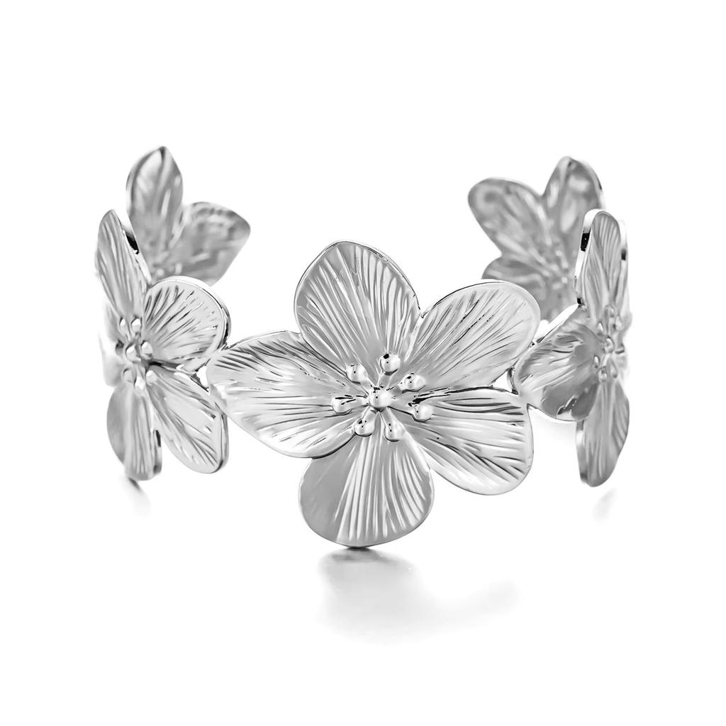 Boho Gold Color Flower Cuff Bangle for Women Vintage Aesthetic Big Floral Open Wide Wristband 2026 Summer Beach Vacation Jewelry
