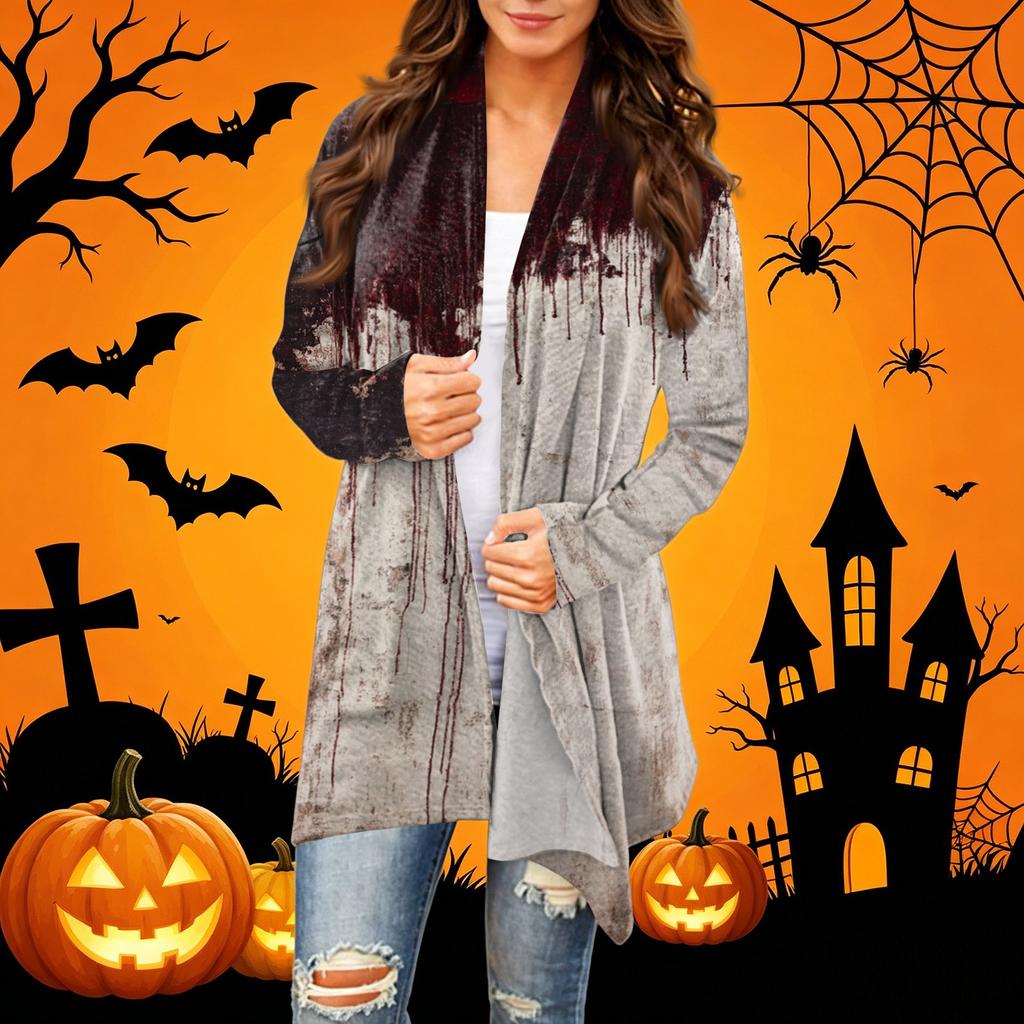 Women's Casual Halloween Printed Long Sleeve Mid-Length Cardigan Jacket for Fall