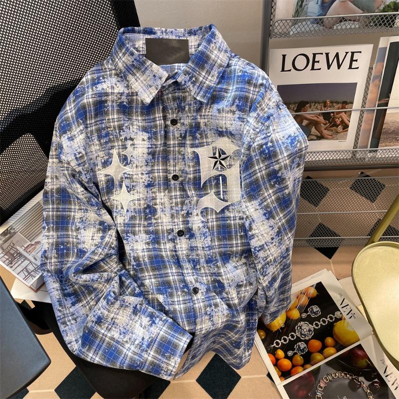 

Мужская рубашка в клетку с колор-блокингом, однобортная, с вышивкой на лацканах, американская повседневная, свободный топ с длинным рукавом XXL синий