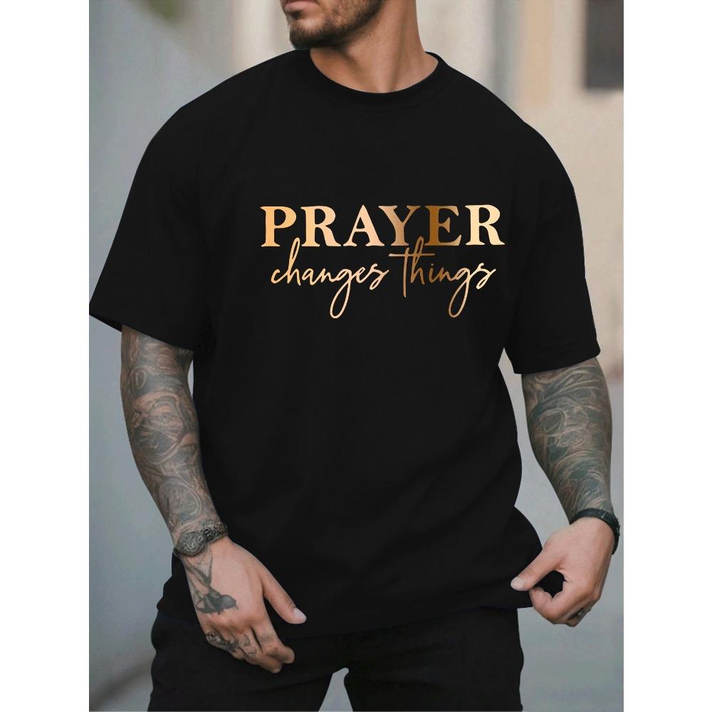 

European sizes [Summer Fashion, Prayer Quote T-Shirt] Plus Size Men s Casual T-Shirt - Prayer Changes Things Quote, Geometric Pattern, Round Neck 4XL чорний