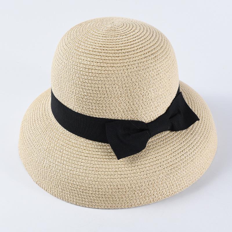 Hepburn Bow Ribbon Sun Hat Women'S Straw Hat Bucket Hat Color Sunscreen Sun Hat Beach Hat
