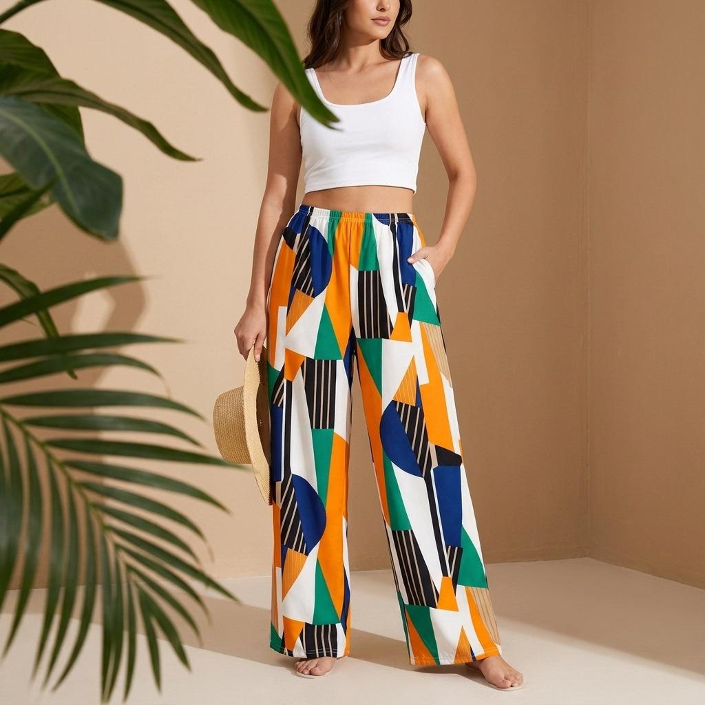 Summer women s thin wide-leg pants, home pants, casual loose printed long pants M