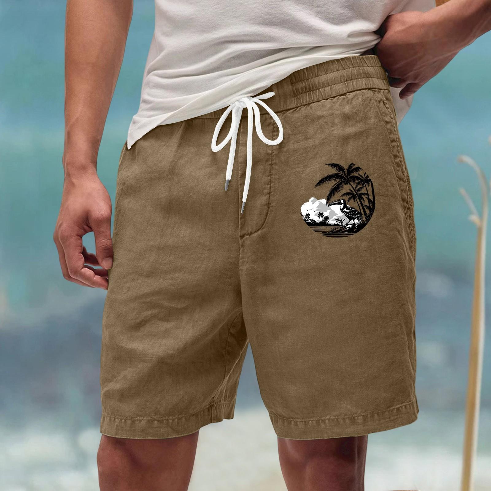 Men s Summer Plus Size Casual Loose Fit Sports Shorts Elastic Waist Drawstring Linen Like Beach Shorts with Palm Tree Print XL хаки