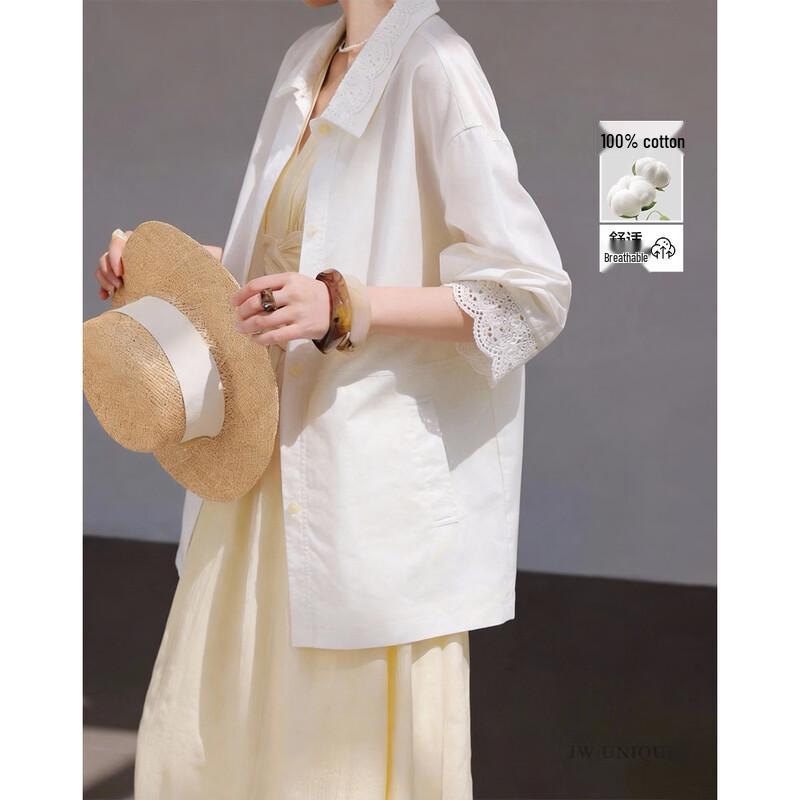 

Minimalist Pure Cotton Lapel Lace Embroidered Loose Coat XL