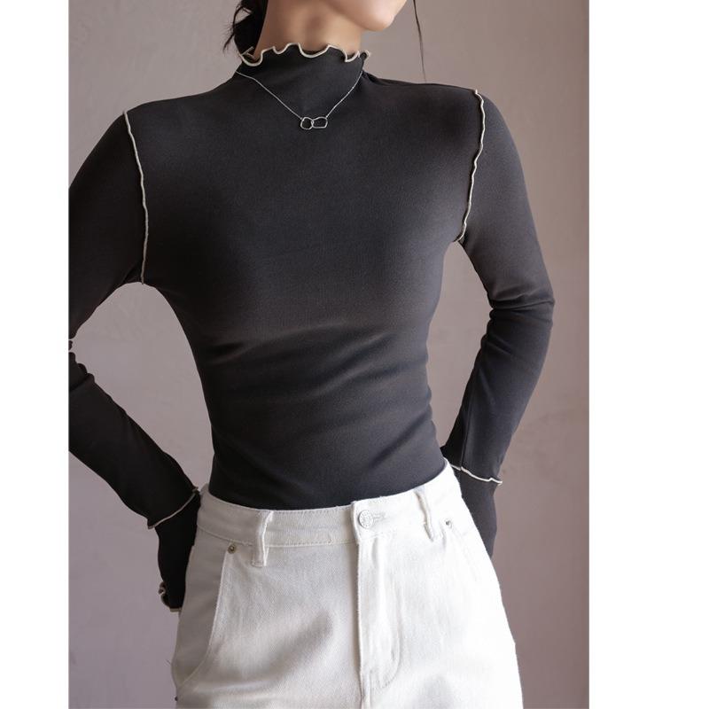 Autumn and Winter Women's Bottom Shirt Wooden Ear Side Half High Neck Dralon Bottom Shirt Inside Long Sleeve Top