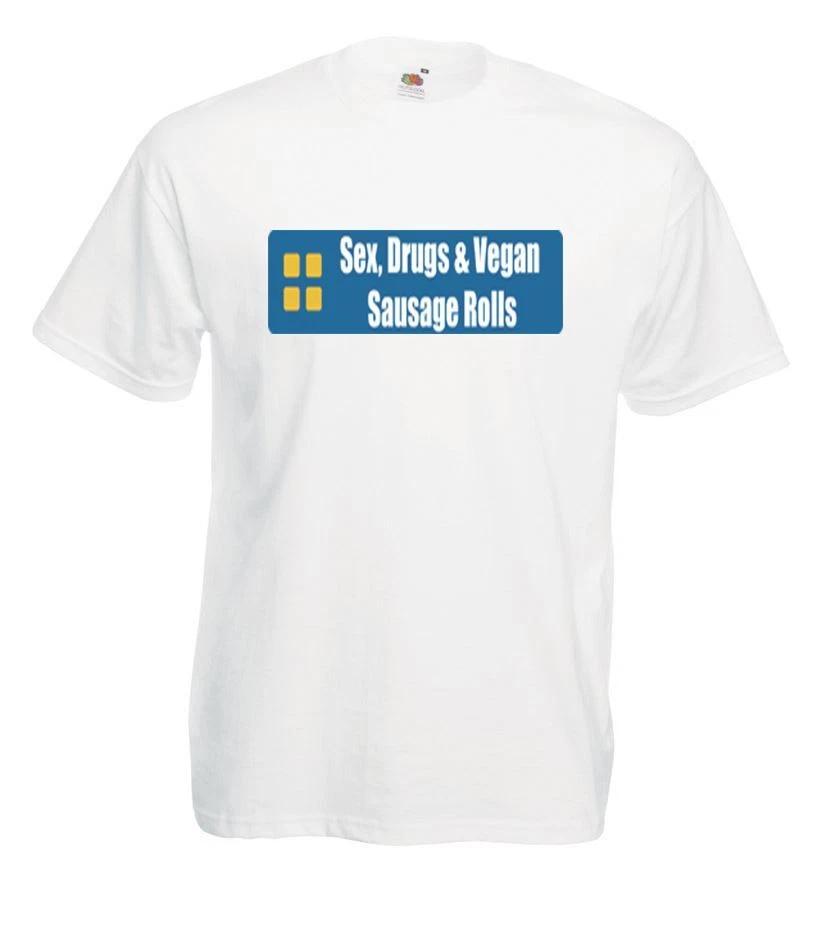 Unisex White Sex Drugs Vegan Sausage Rolls Spoof Parody 100% Cotton T-shirt Mens Tees Top 3XL