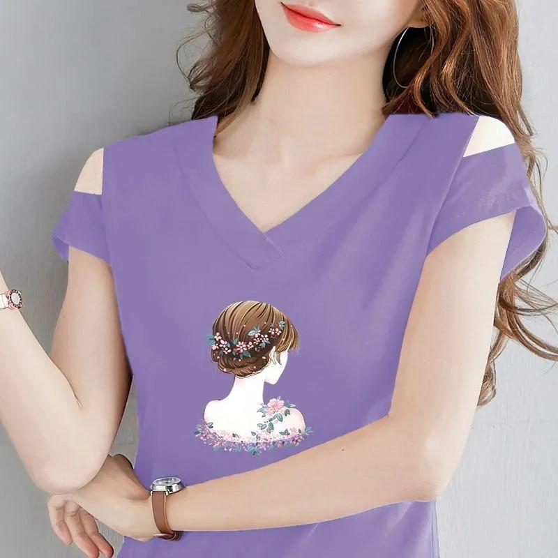 Top a maniche corte con spalle scoperte T-shirt moda chic da donna con scollo a V Streetwear