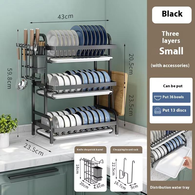 Multi-functional 3-Tier Dish Rack Kitchen Supplies Storage Rack Draining Rack with Chopsticks/Knives/Cutting Board Holder