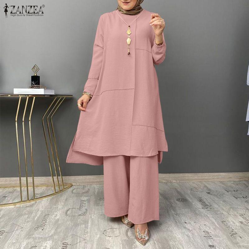 ZANZEA Women Muslim Long Blouse and Pants Casual Two Piece Suit Sets