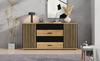 Μπουφές 140x35x70cm, MDF, 4 Συρτάρια & 2 Πόρτες, Όψη Κάθετης Αυλακώσης, Ρυθμιζόμενα Ράφια, Δρυς-Μαύρο, Ντουλάπι Αποθήκευσης για Σαλόνι Τραπεζαρία