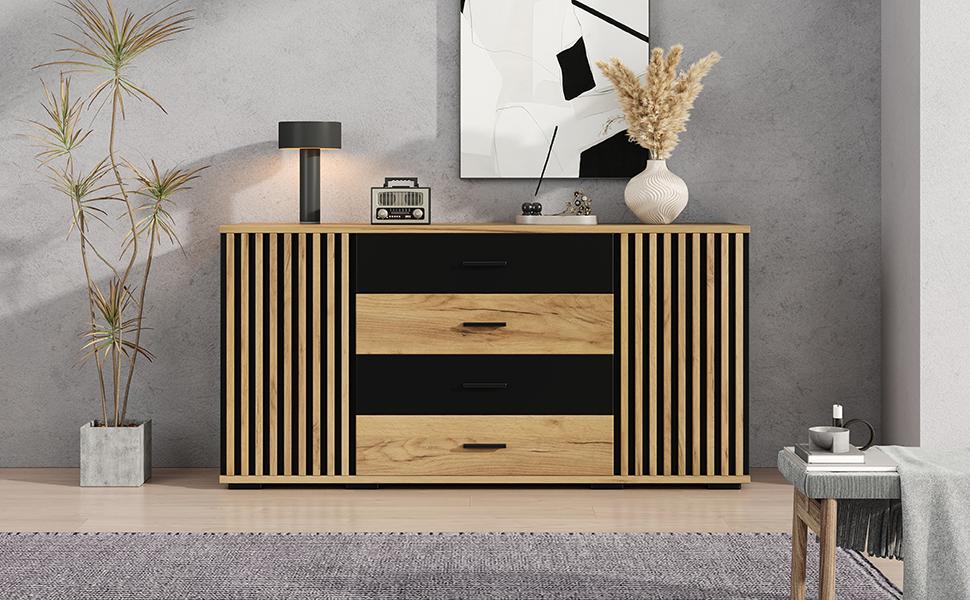 Μπουφές 140x35x70cm, MDF, 4 Συρτάρια & 2 Πόρτες, Όψη Κάθετης Αυλακώσης, Ρυθμιζόμενα Ράφια, Δρυς-Μαύρο, Ντουλάπι Αποθήκευσης για Σαλόνι Τραπεζαρία