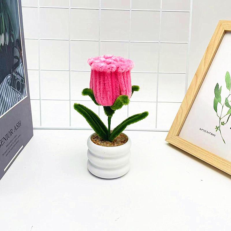Multi Colored Plush Twisted Rod Rose Potted Desktop Decoration Ornament For Office Decor