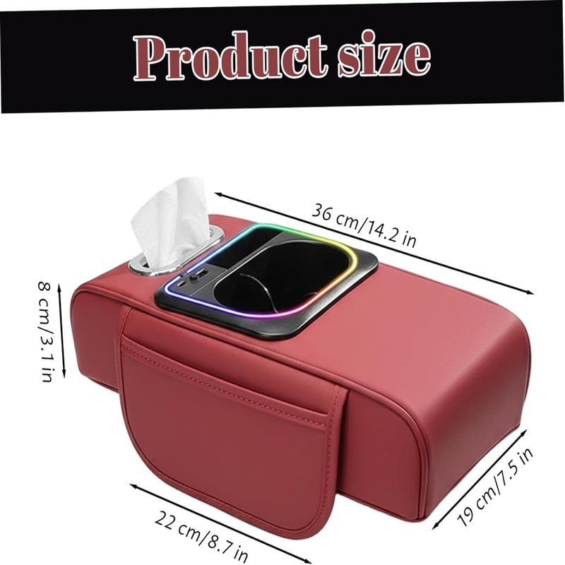 Car Armrest Cushion Leather Center Console Cover LED Ambient Lighting,with Storage Bags Phone Slot Charging Port Tissue Holder