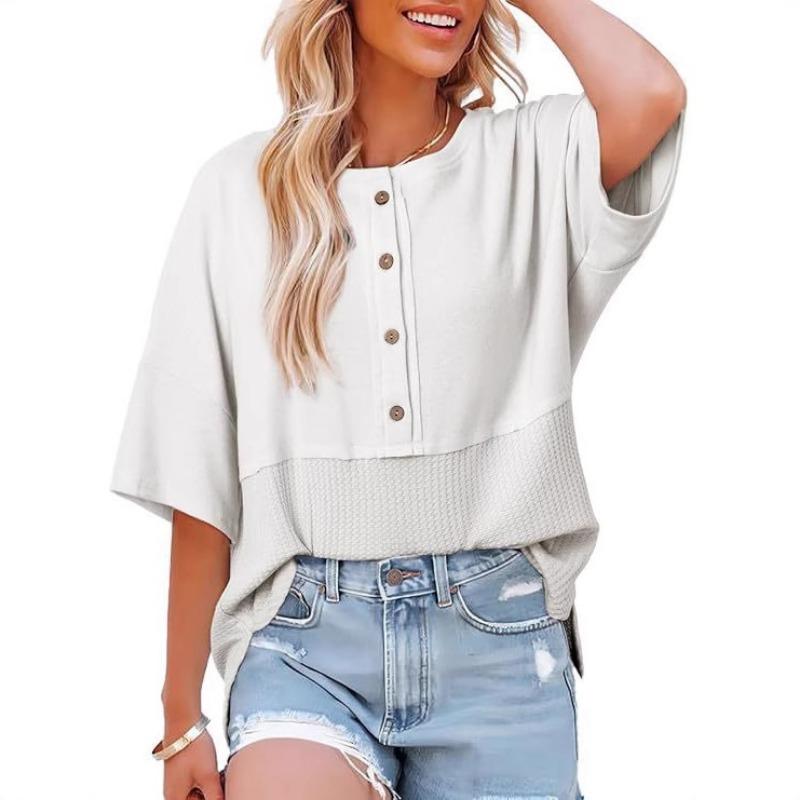 Summer New Women's Fashion Three-quarter Sleeve Casual Round Neck Buttoned Splicing Loose T-shirt