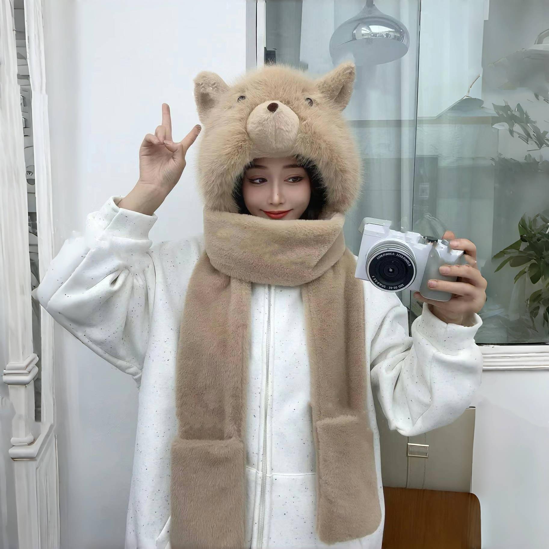 

Зимняя шапка женская утолщенная бархатная морозостойкая и теплая трехкомпонентная шапка шарф перчатки милая мультяшная шапка высокого качества