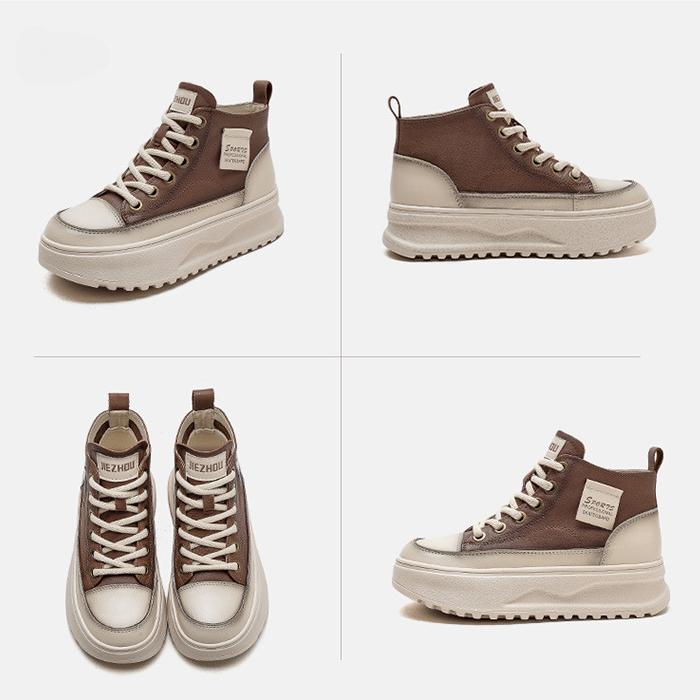 Johnature Flache Plateauschuhe aus echtem Leder zum Schnüren mit dicker Sohle, lässige, vielseitige Damenschuhe aus Rindsleder