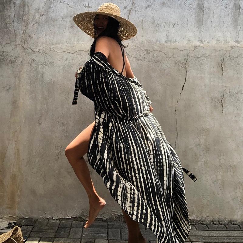 Black & White Tie-Dye Cardigan Beach Dress & Swimsuit Cover-Up