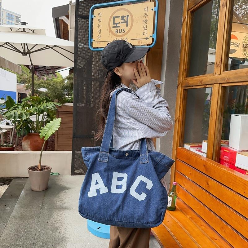 Large Capacity Denim Bag Female Letter Tote Bag Student Shoulder Bag