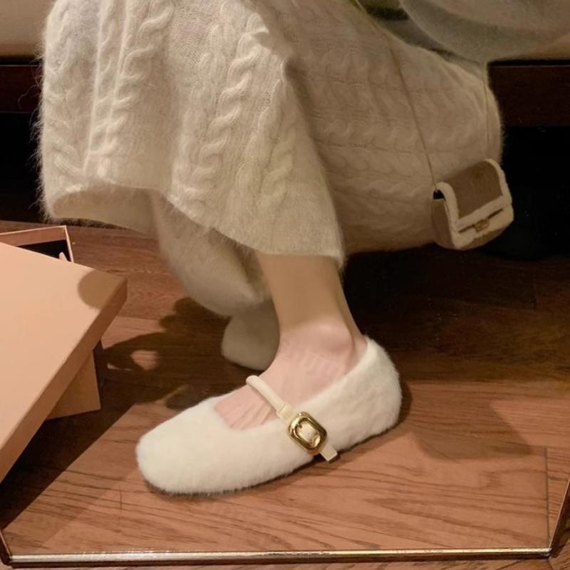 Fashion Women's Ballet Plush Shoes Autumn New Vintage Buckle Strap Mary Jane Shoes Lightweight Comfortable Non Slip Fashion Single Shoes