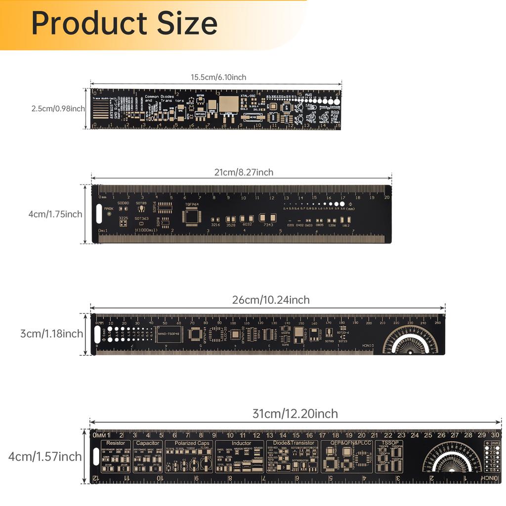 4pcs 150-300mm PCB Ruler Set Straight Edge Heavy Duty Electronic Technician Engineering Drafting Professional
