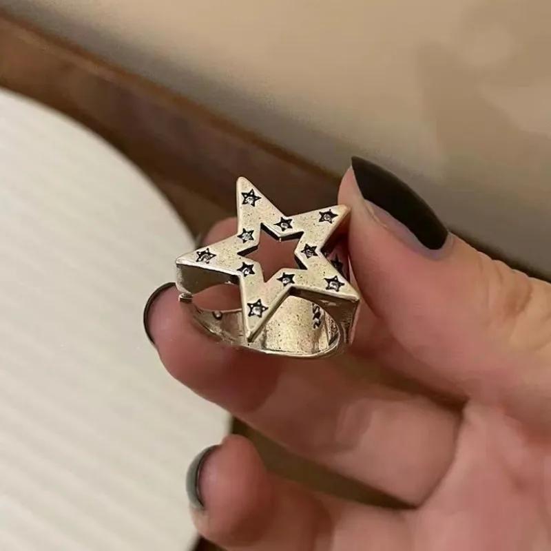 Y2K Style Crystal Pentagonal Star Ring for Women Romantic Moon Hollowed Out Star Personality Metal Finger Rings Fashion Jewelry