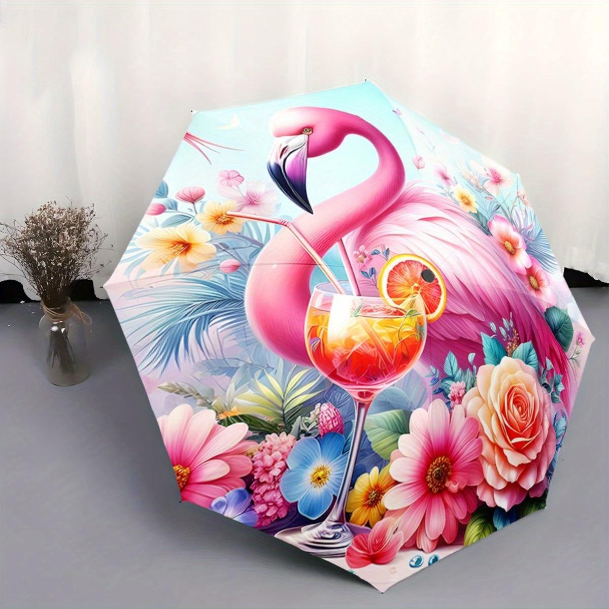 

Automatic Open/Close Umbrella with One-Touch Button - Tropical Flamingo & Cocktail Design, Compact Travel Umbrella with 8-Rib (as the picture,Iron&8K)