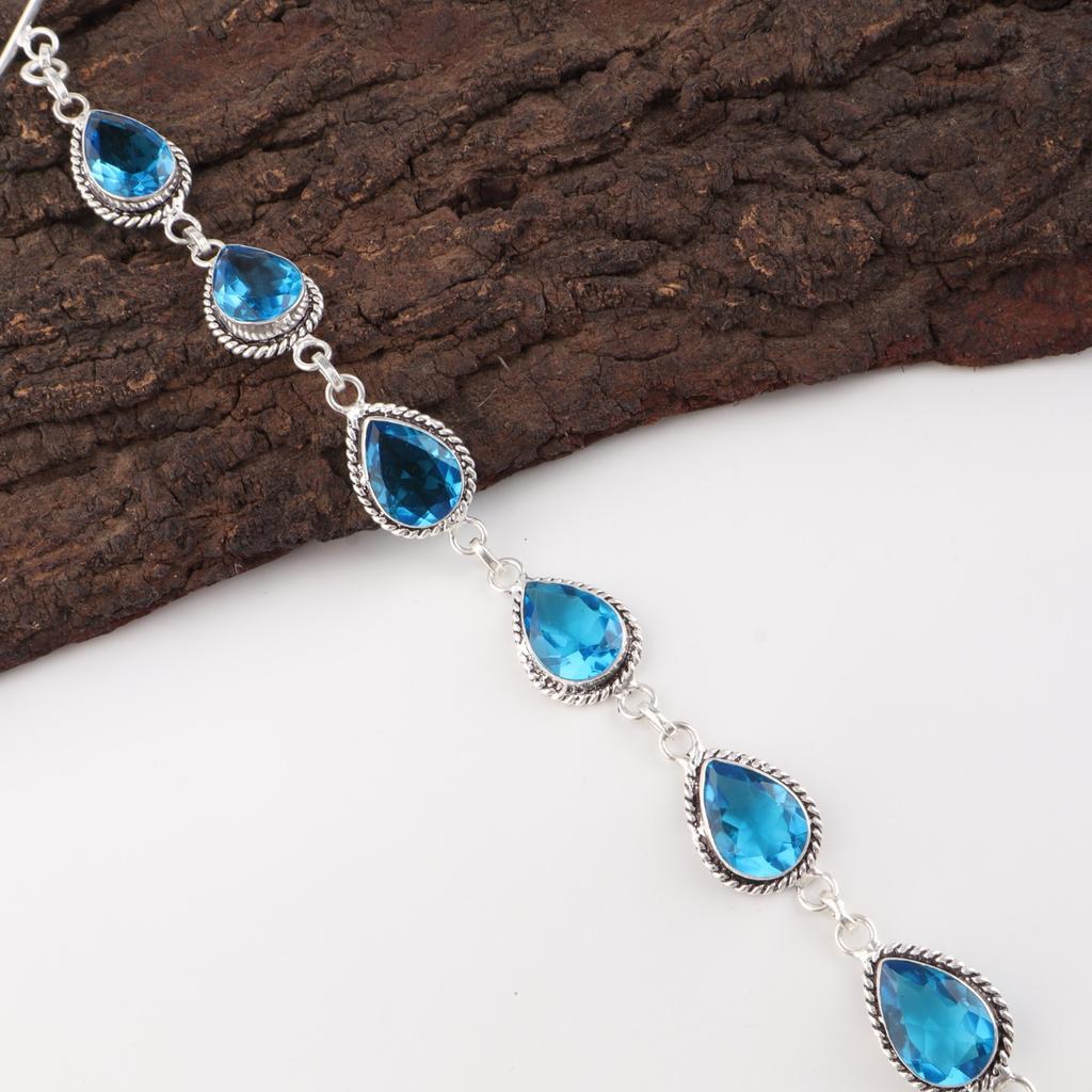 Swiss Blue Topaz Gemstone 925 Sterling Silver Jewelry Handcrafted Bracelet 7-9" RB-18-2