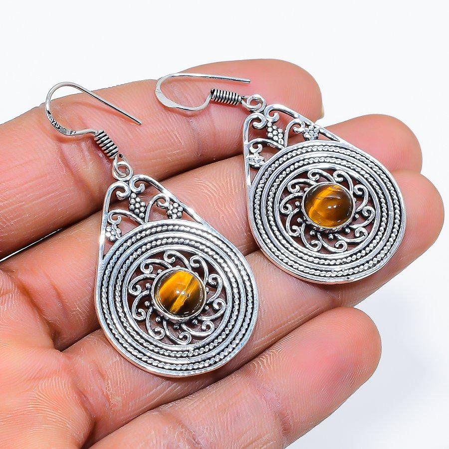 Tiger Eye Gemstone Handmade 925 Sterling Silver Jewelry Earring 1.97" SU-10132