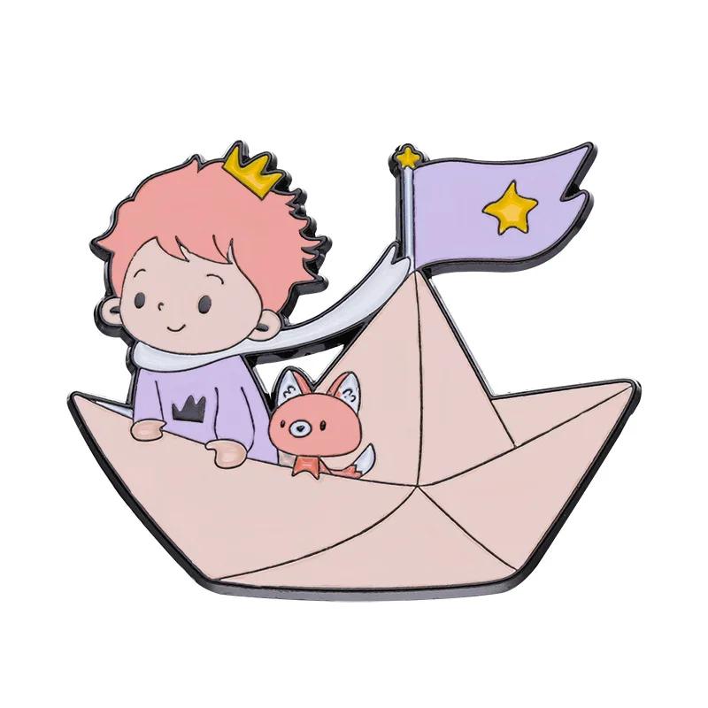 Prince Fox Enamel Pins Custom Moon Star Paper Boat Whale Brooches Lapel Badges Cartoon Jewelry Gift for Kids Friends