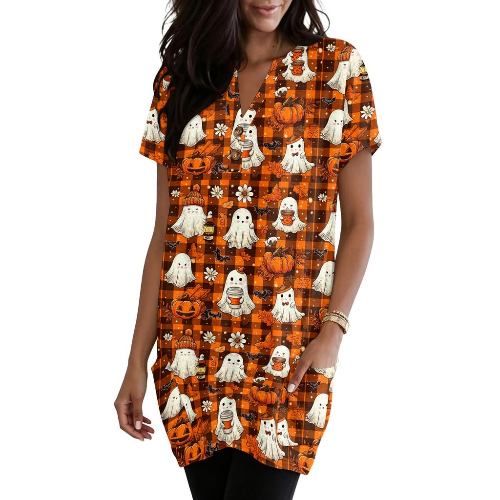 Women V Neck Pullover Top with Halloween Themed Print Short Sleeve Tunic Shirt Casual Loose Fit with Pocket Design