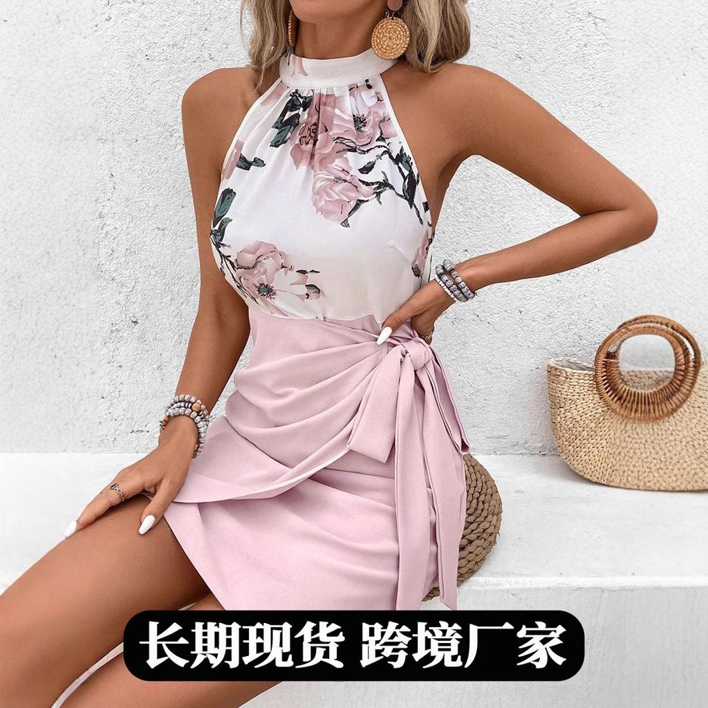 Women Halter Neck Floral Print Tie Wrap Bodycon Mini Dress