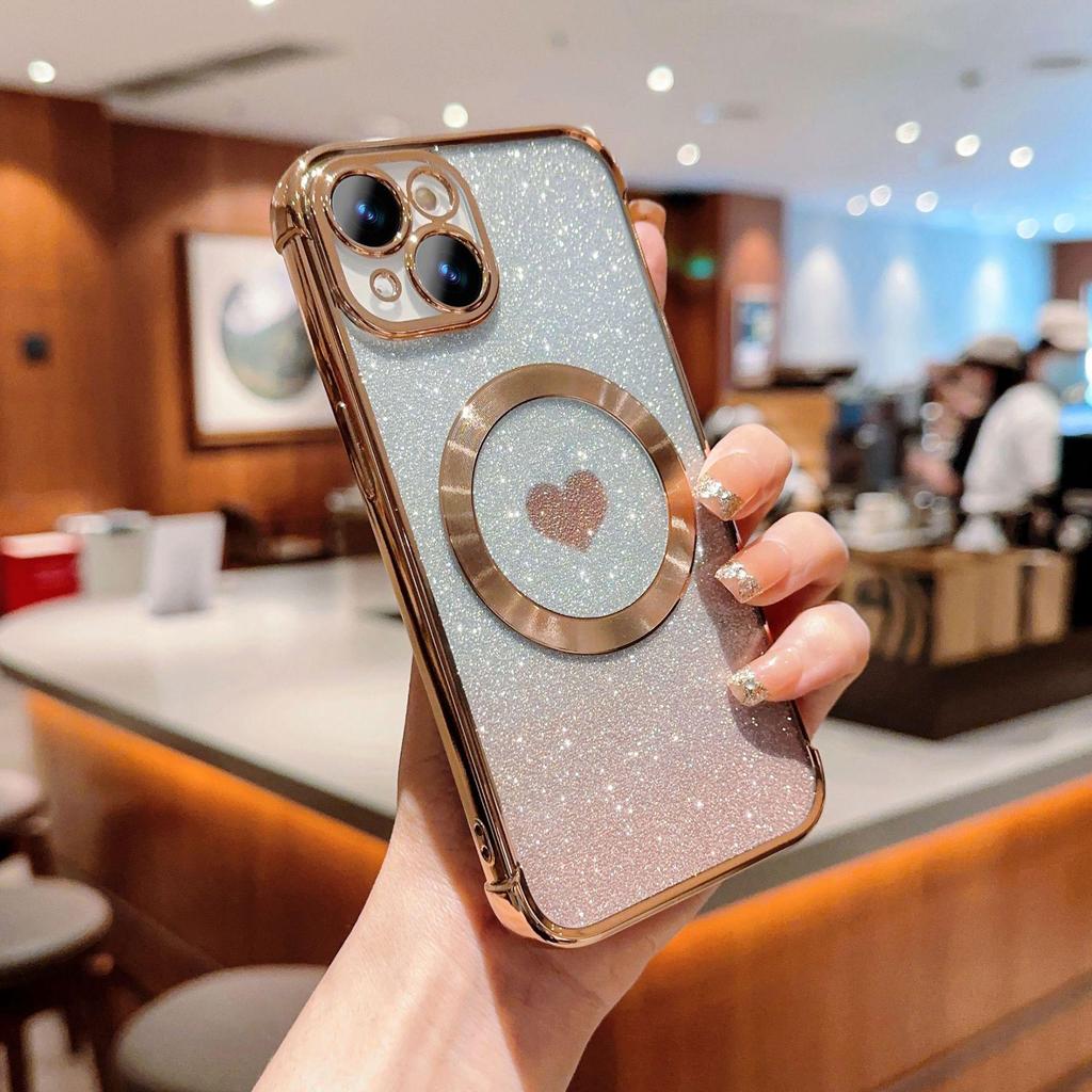 iPhone 15 Pro Heart Gradient Glitter Magnetic Case - Soft, Protective for Apple 13/11