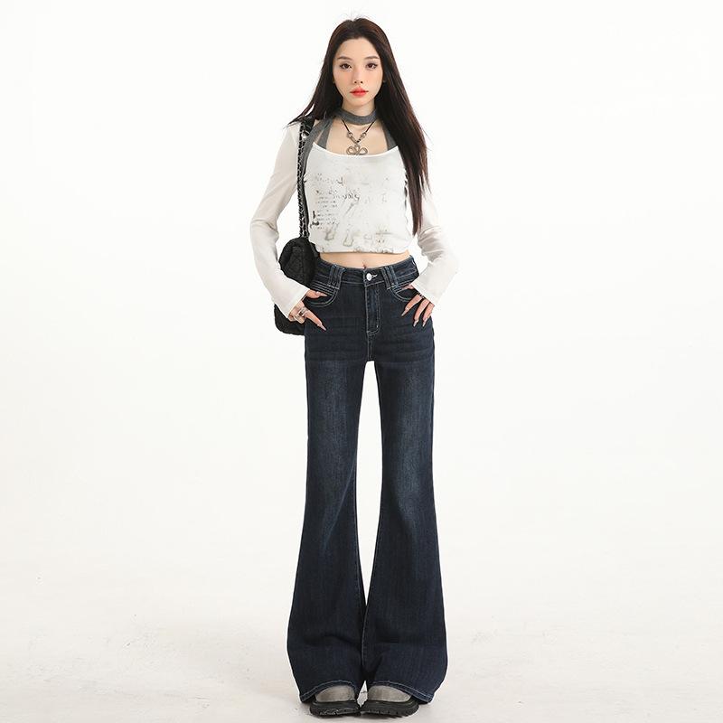 Dark Blue High-waisted and Slightly Pulled Jeans for Women's Spring and Autumn New American Style Without Sticking Legs Elastic Spice Girl Straight