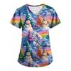 Plus SizePrinted Scrub Working Uniform Tops For Women's Cross V-Neck Print Short Sleeve Fun T-Shirts Workwear Tee With Pockets