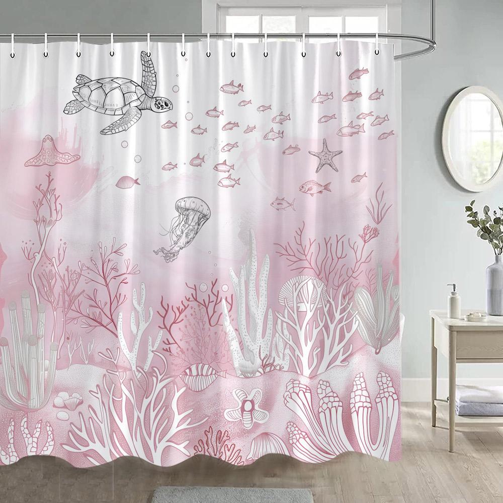 

Pink Nautical Shower Curtain Sea Turtle Ocean Animal Coral Undersea Summer Modern Polyester Bath Curtain With Hook Home Decor W60H190(CM)-1 Pcs