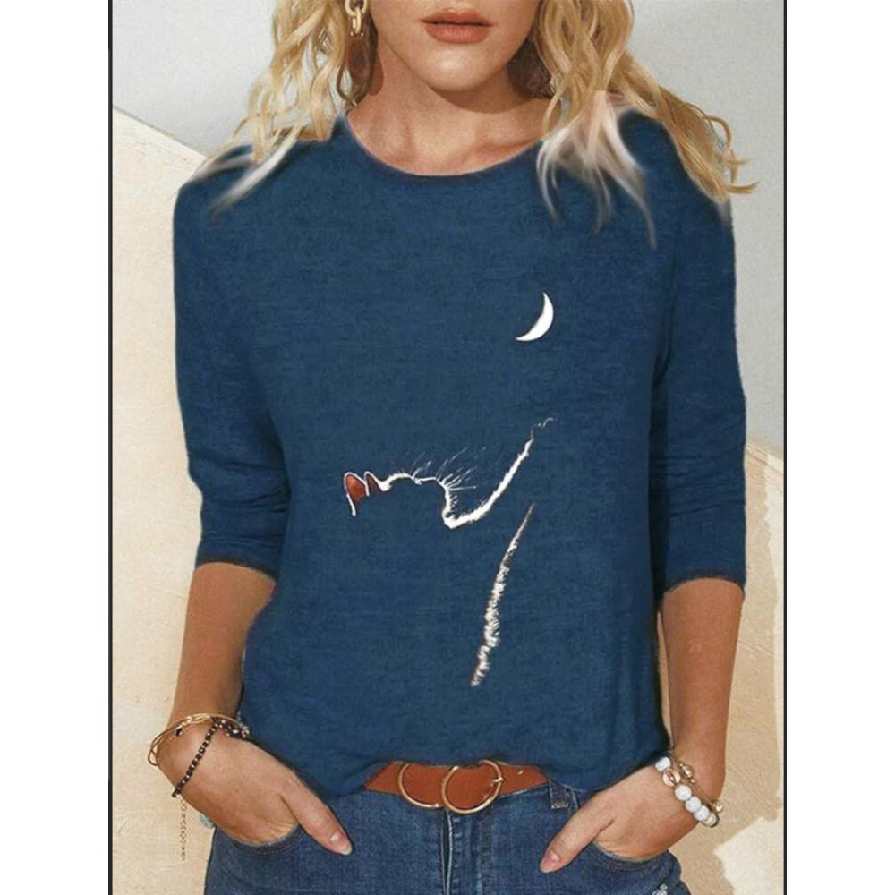 Sommer Høst Dameklær Funny Cat 3D Print Langermede T-skjorter Damemote Oversized Casual Overdeler Vintage Tee Shirt